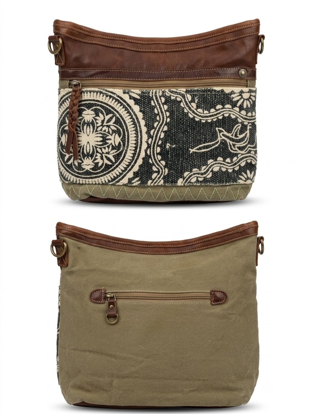 Myra Bag Brown Leather & Black Cream Patterned Crossbody
